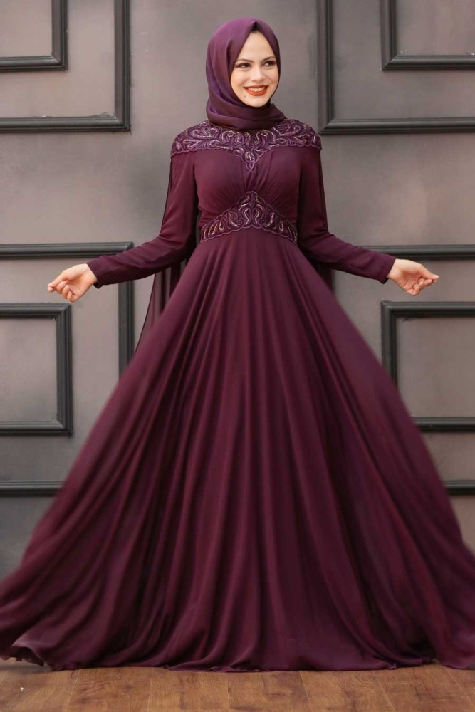 Plum Color Hijab Evening Dress 4692MU - 2