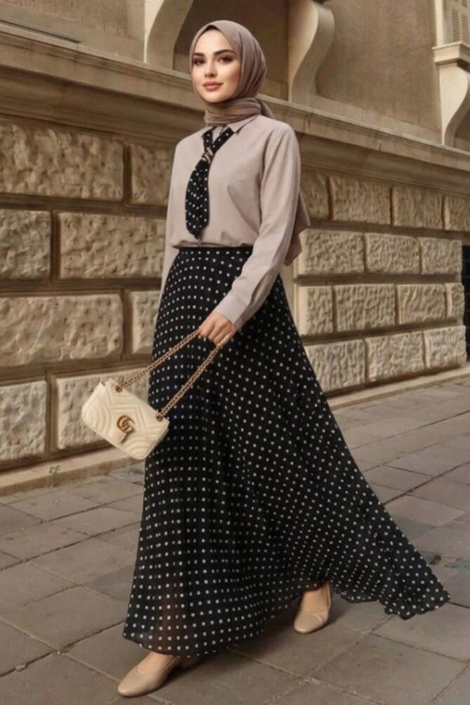 Polka-Dot Skirt-and-Shirt Black Modest Two-Piece Set 1386S - 1