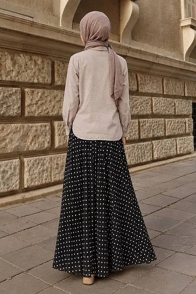 Polka-Dot Skirt-and-Shirt Black Modest Two-Piece Set 1386S - 2