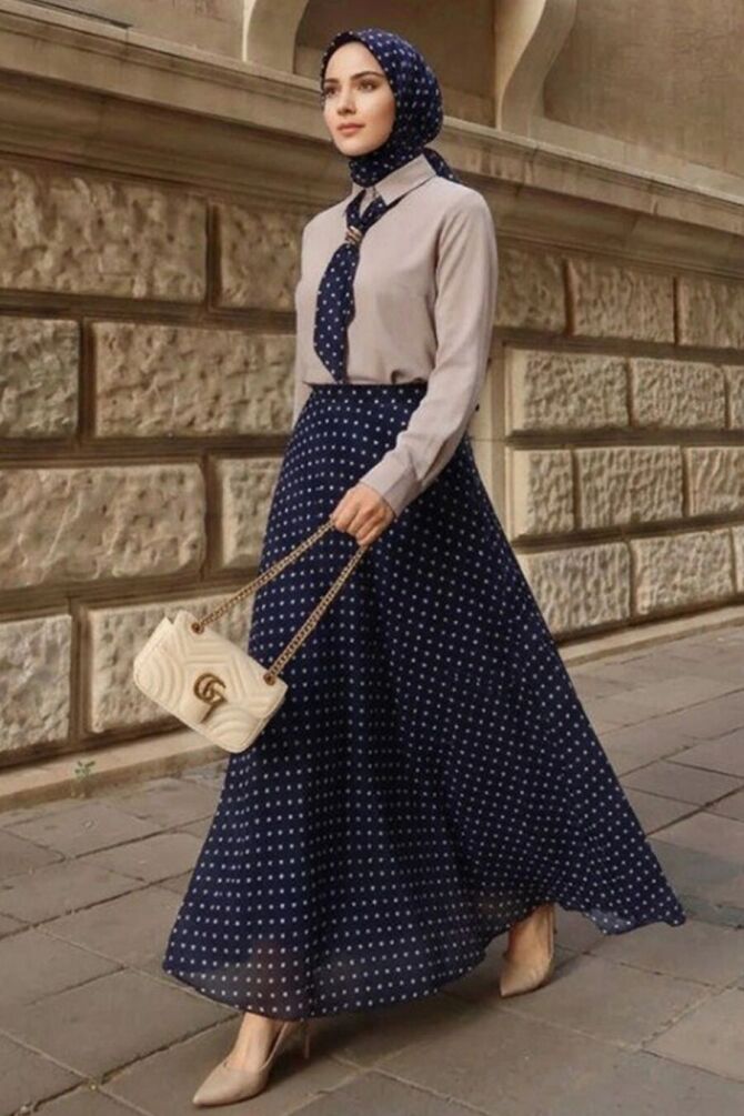 Polka-Dot Skirt-and-Shirt Navy Modest Two-Piece Set 1386L - 1