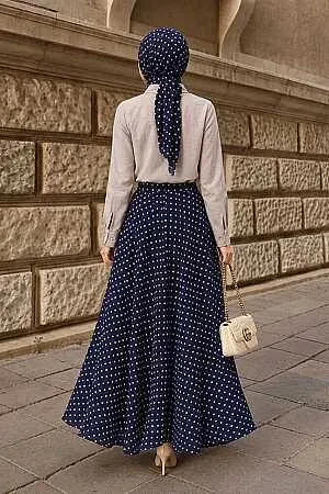 Polka-Dot Skirt-and-Shirt Navy Modest Two-Piece Set 1386L - 2