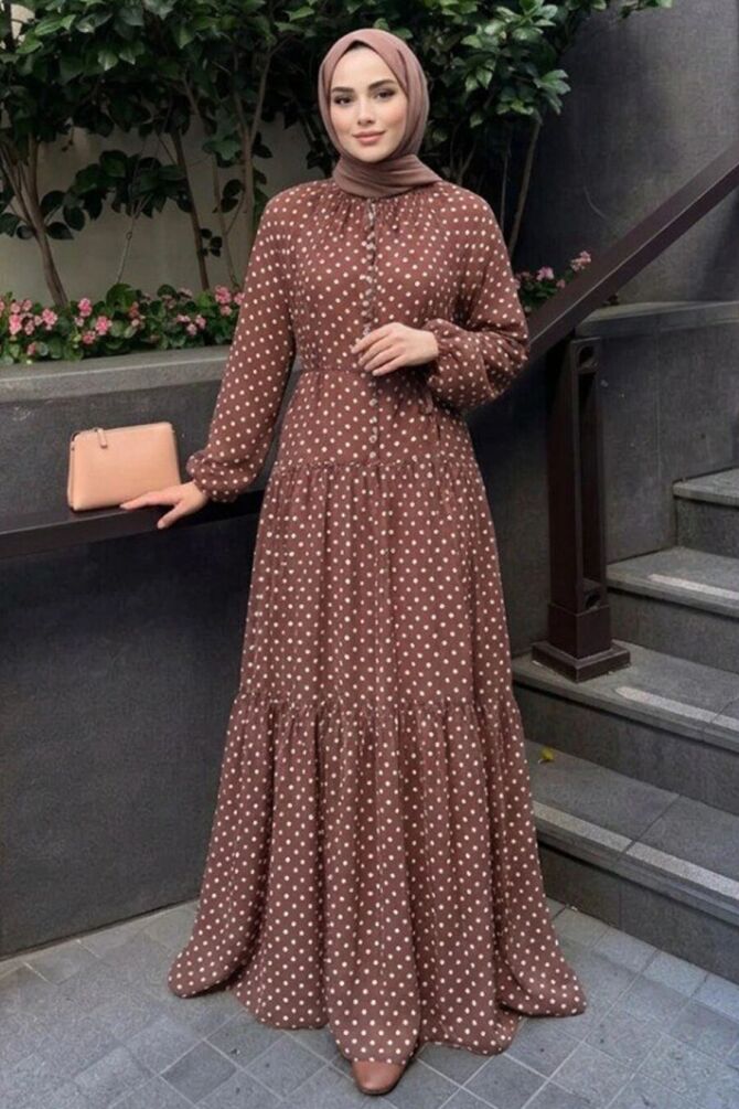 Polka-Dot Tie-Waist Brown Modest Dress 24760KH - 1