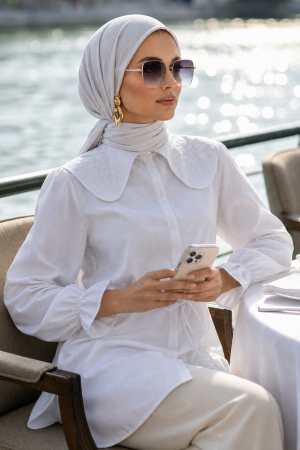 Poplin Beyaz Nakışlı Bebe Yaka Tesettür Tunik 20378B 