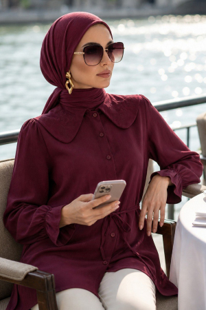 Poplin Bordo Nakışlı Bebe Yaka Tesettür Tunik 20378BR 