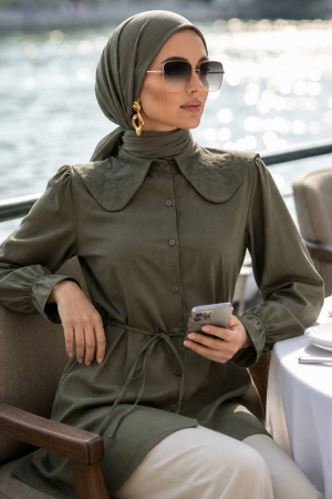 Poplin Çağla Yeşili Nakışlı Bebe Yaka Tesettür Tunik 20378CY 