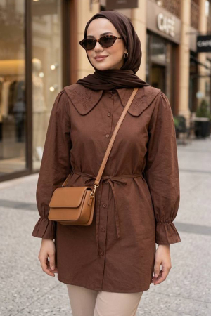 Poplin Kahverengi Nakışlı Bebe Yaka Tesettür Tunik 20378KH 