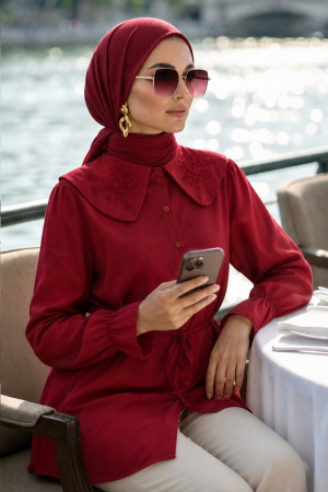 Poplin Kırmızı Nakışlı Bebe Yaka Tesettür Tunik 20378K 