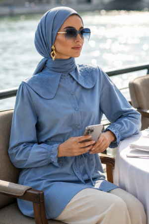 Poplin Mavi Nakışlı Bebe Yaka Tesettür Tunik 20378M 