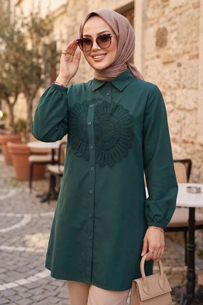 Poplin Petrol Green Dantel Patterned Modest Tunic 50381PY - 1