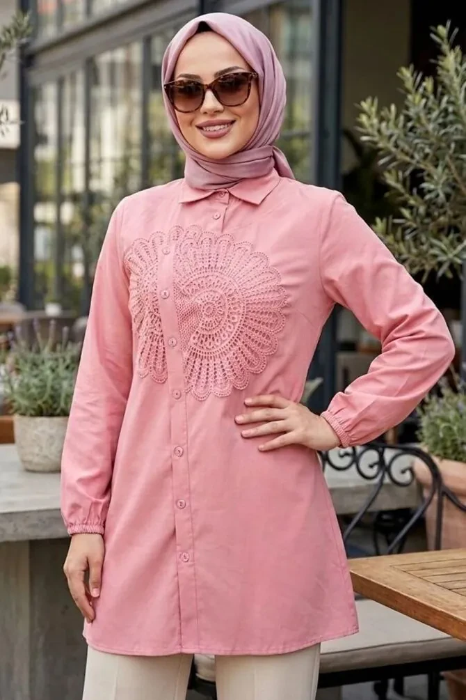 Poplin Powder Pink Dantel Patterned Modest Tunic 50381PD - 1