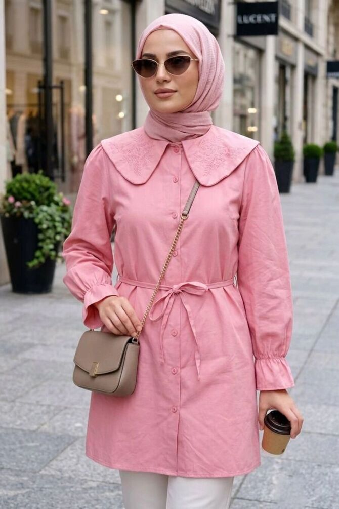 Poplin Powder Pink Embroidered Bebe Collar Modest Tunic 20378PD - 1