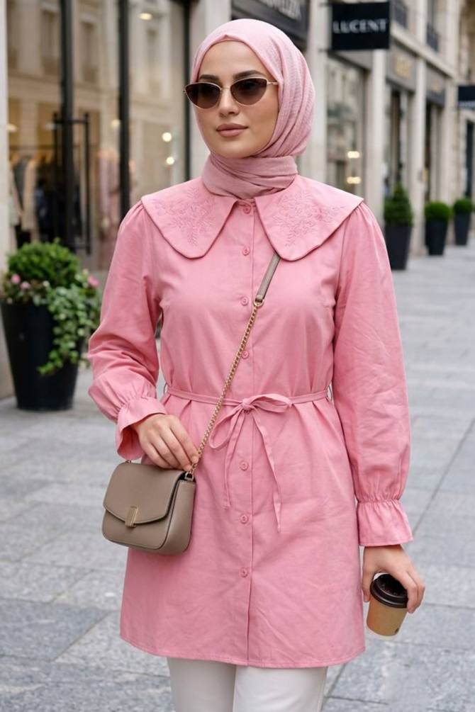 Poplin Pudra Nakışlı Bebe Yaka Tesettür Tunik 20378PD - 1