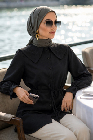 Poplin Siyah Nakışlı Bebe Yaka Tesettür Tunik 20378S 