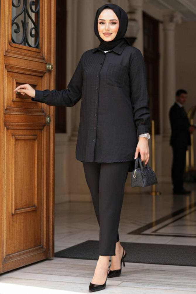 Pötikare Detaylı Siyah Tesettür İkili Takım 12191S - NEVA STYLE