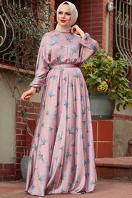 Powder Pink Hijab Dress 22165PD - Thumbnail