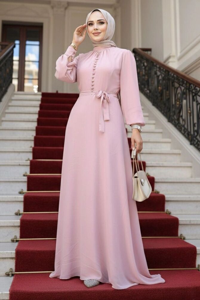 Powder Pink Hijab Dress 2703PD - 1