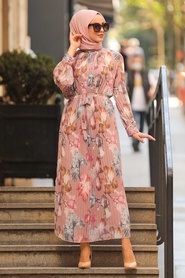 Powder Pink Hijab Dress 33251PD - Thumbnail