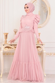 Powder Pink Hijab Evening Dress 4098PD - Thumbnail