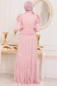 Powder Pink Hijab Evening Dress 4098PD - Thumbnail