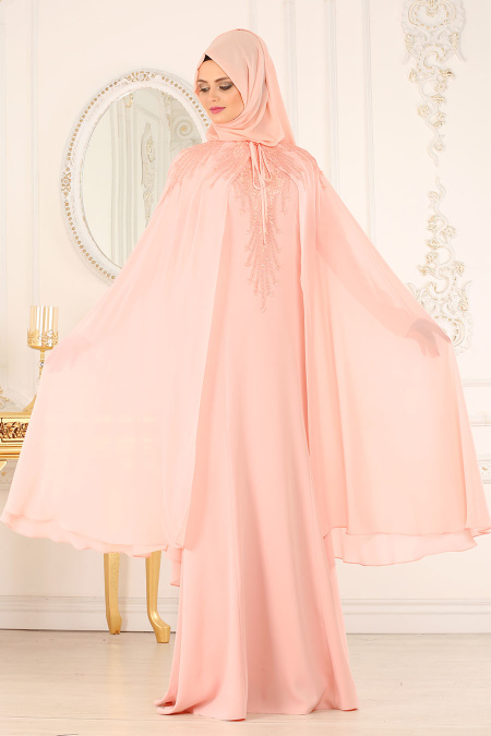 Powder Pink Hijab Evening Dress 20370PD