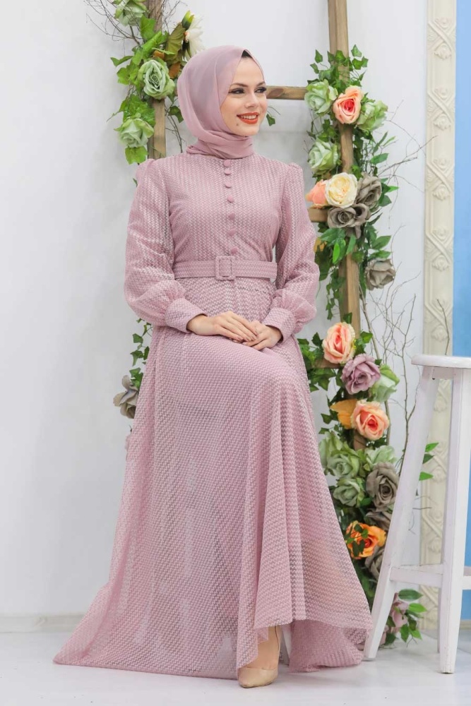 Powder Pink Hijab Evening Dress 30170PD - 1