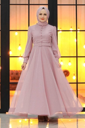 Powder Pink Hijab Evening Dress 30170PD - 3