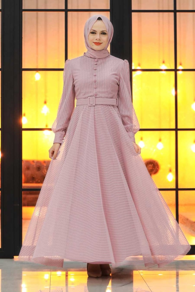 Powder Pink Hijab Evening Dress 30170PD - 3