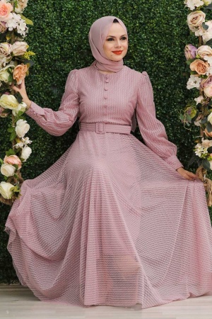 Powder Pink Hijab Evening Dress 30170PD - 5