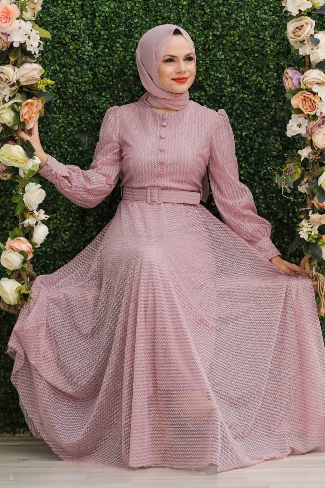 Powder Pink Hijab Evening Dress 30170PD - 5