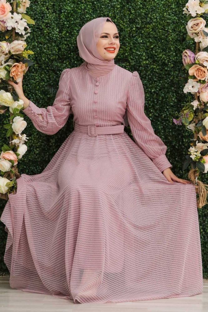 Powder Pink Hijab Evening Dress 30170PD - 4