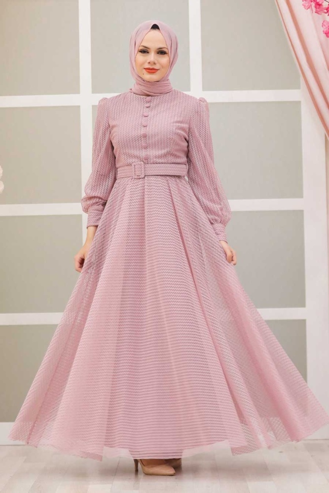 Powder Pink Hijab Evening Dress 30170PD - 2