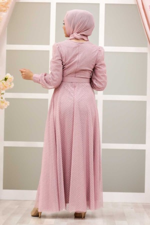 Powder Pink Hijab Evening Dress 30170PD - 6