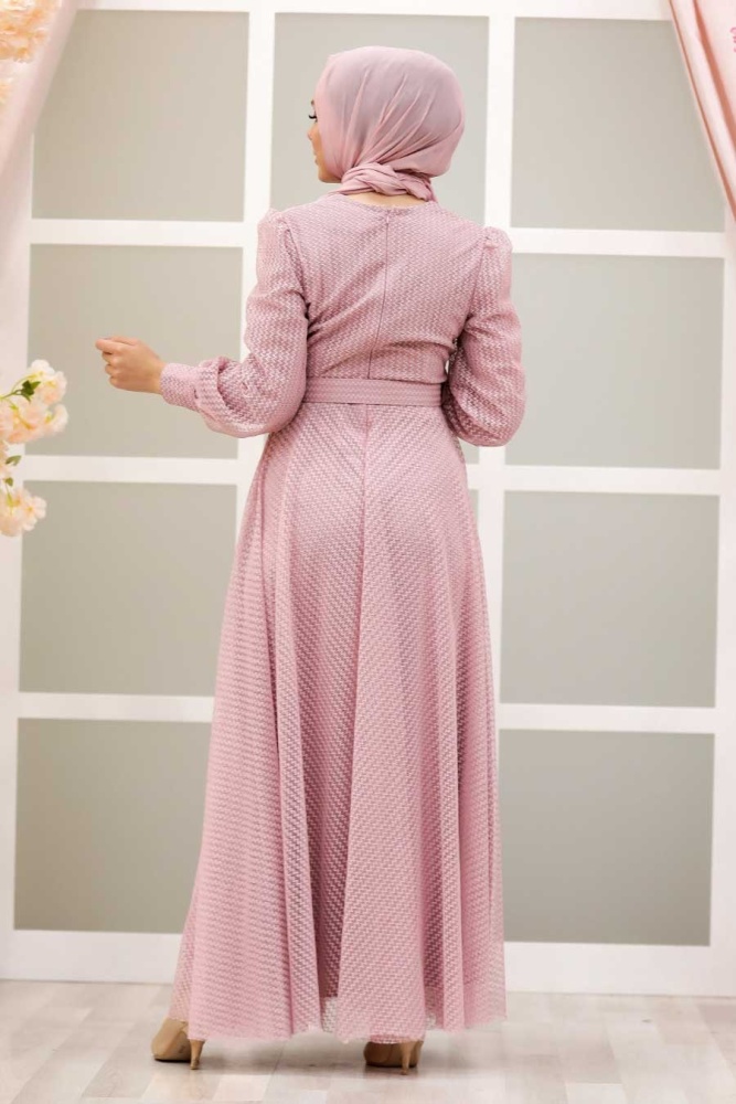 Powder Pink Hijab Evening Dress 30170PD - 6
