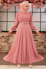 Neva Style - Powder Pink Turkish Hijab Engagement Dress 3060PD - Thumbnail