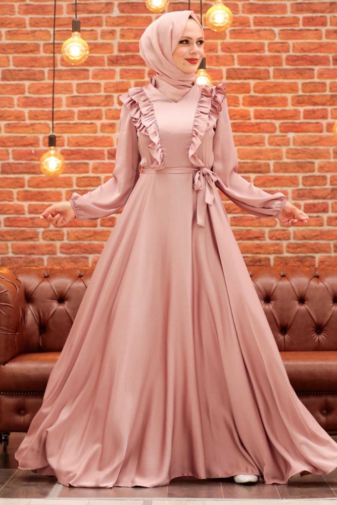 Neva Style - Satin Powder Pink Modest Islamic Clothing Wedding Dress 3117PD - 1