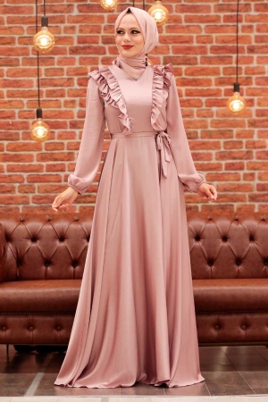 Neva Style - Satin Powder Pink Modest Islamic Clothing Wedding Dress 3117PD - 4