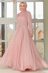 Powder Pink Hijab Evening Dress 32761PD - Thumbnail