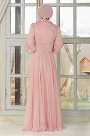 Powder Pink Hijab Evening Dress 32761PD - Thumbnail