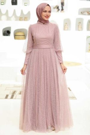 Neva Style - Long Sleeve Powder Pink Hijab Wedding Dress 32763PD - 1