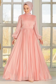 Powder Pink Hijab Evening Dress 33232PD - Thumbnail