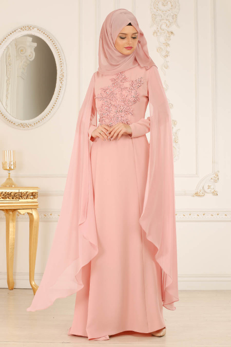 Powder Pink Hijab Evening Dress 38380PD