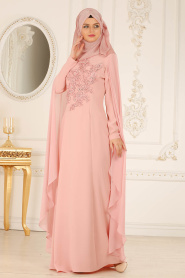 Powder Pink Hijab Evening Dress 38380PD - Thumbnail