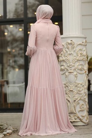 Powder Pink Hijab Evening Dress 38940PD - Thumbnail