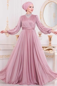 Powder Pink Hijab Evening Dress 40550PD - Thumbnail