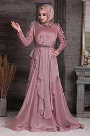 Powder Pink Hijab Evening Dress 4112PD - Thumbnail