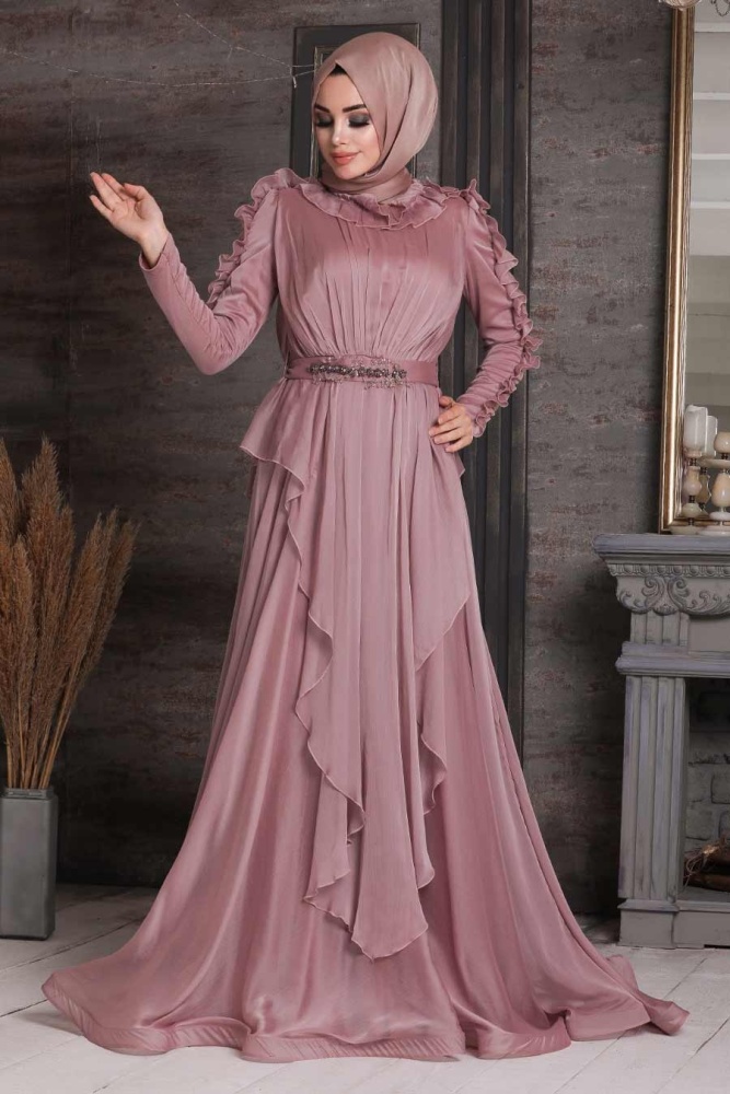 Powder Pink Hijab Evening Dress 4112PD - 1
