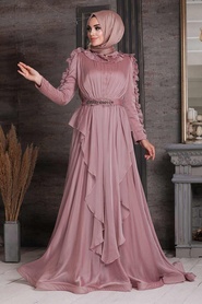 Powder Pink Hijab Evening Dress 4112PD - Thumbnail