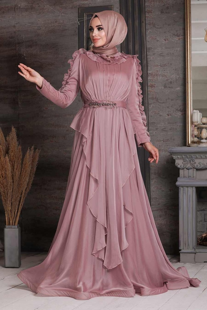 Powder Pink Hijab Evening Dress 4112PD - 2