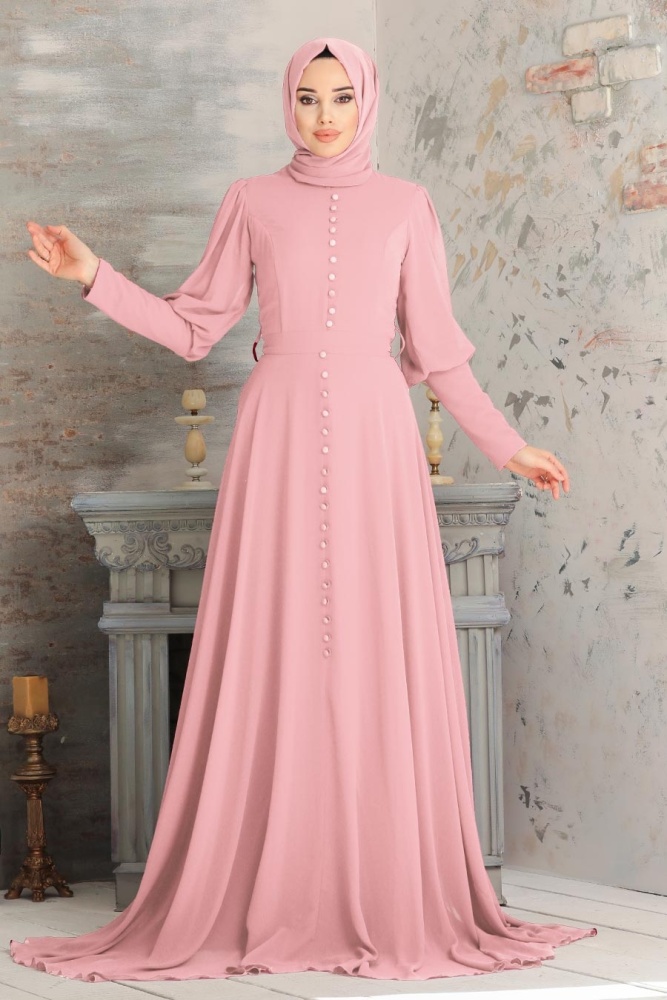 Powder Pink Hijab Evening Dress 54551PD - 1