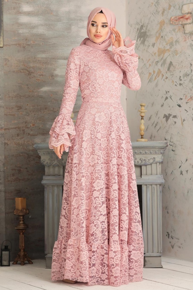 Powder Pink Hijab Evening Dress 5476PD - 1